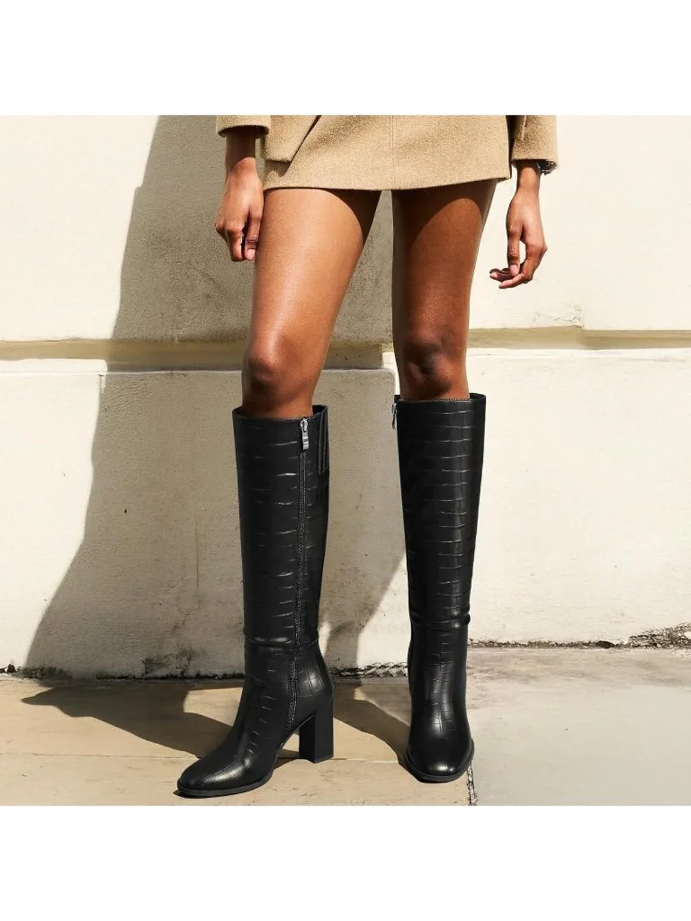 Women's Black Round Toe Side Zip Chunky Heel Fashion Tall Knee High Casual Boot